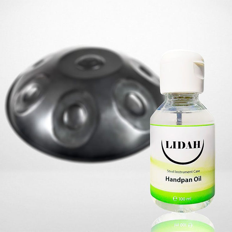 Handpan oil in a studio setting shown in front of a handpan